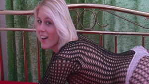 Blonde babe Sweet Cat in fishnets homemade masturbating