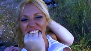 Small boobs mature Ginger Hell cock sucking outdoors